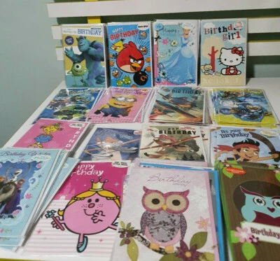 BIRTHDAY CARDS GROUP LOT OVER 50 ANGRY BIRDS FROZEN HELLO KITTY PLANES MONSTERS Foto 1 de 4