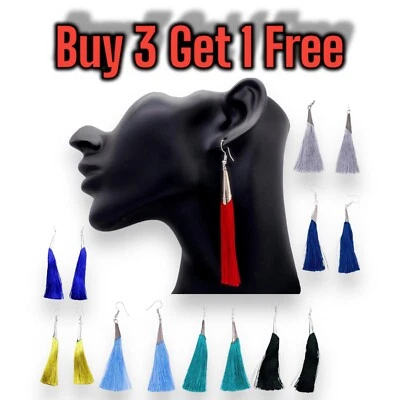CONE STYLE BOHO SILKY TASSLE DANGLE FRINGE TASSEL EARRINGS DROP DESIGN UK STOCK - Image 1 of 4