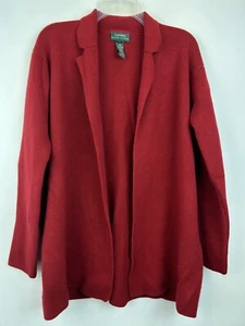 Lauren Ralph Sweater Womans L Cardigan Red Wool Blend Open Long Line Holiday - Picture 1 of 5