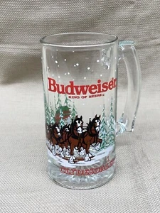 BUDWEISER Beer Clear Glass Mug Embossed CLYDESDALES WINTER Glass 5.5" x 2.5" - Picture 1 of 21