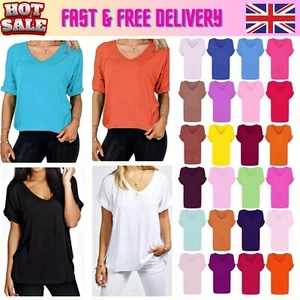 Women Ladies Batwing Sleeve Oversized Baggy Loose Fit Turn Up V Neck T Shirt Top - Picture 1 of 28