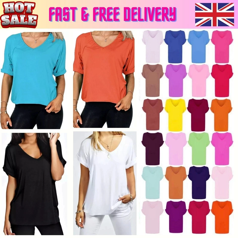 Women Ladies Batwing Sleeve Oversized Baggy Loose Fit Turn Up V Neck T Shirt Top - Image 1 of 1