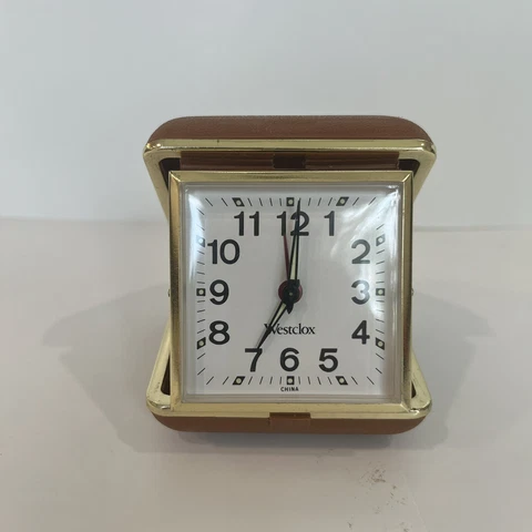 Vintage Westclox Folding Small Travel Alarm Clock. Brown, Plastic Case, Tested Cover