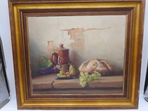 Original Ölgemälde „Stillleben Brot & Wein“ signiert Robert Chailloux ~ 1950/60 - Bild 1 von 12