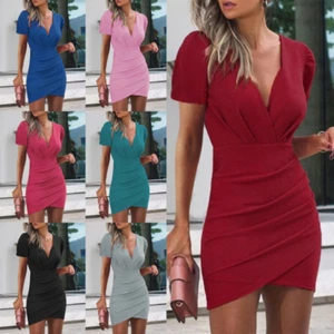 Damen Kleid Sommer V-Ausschnitt Unregelmäßig Slim Fit Tasche Hüftrock Mehrfarbig Kleid - Bild 1 von 17