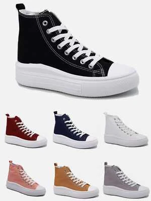 Ladies Hi Top Canvas Trainer Womens Platform Lace Up Casual Sole Sneakers Shoes