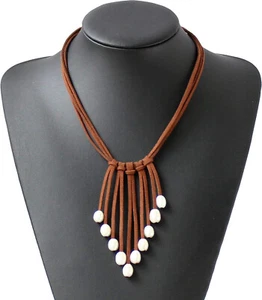 Long Natural White Freshwater Pearls Leather Necklace Multi Strand Costume Jewel - Picture 1 of 6