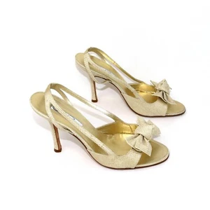 Oscar De La Renta 37.5 Gold Shimmer Glitter Slingback Heels with Fabric Bow - Picture 1 of 12