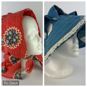 (2) Costume fattoria pioniere vintage cappello cofano sole arancione rosso floreale blu geom fatto a mano - Foto 1 di 22