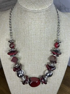 Statement Long Chunky Pearlescent Red & Silver Tone Mixed Bead Necklace 697 - Picture 1 of 11