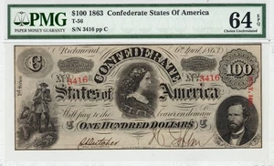 T-56 PF-2 1862 $100 Confederate Paper Money - PMG Choice Uncirculated 64 EPQ! - Picture 1 of 2