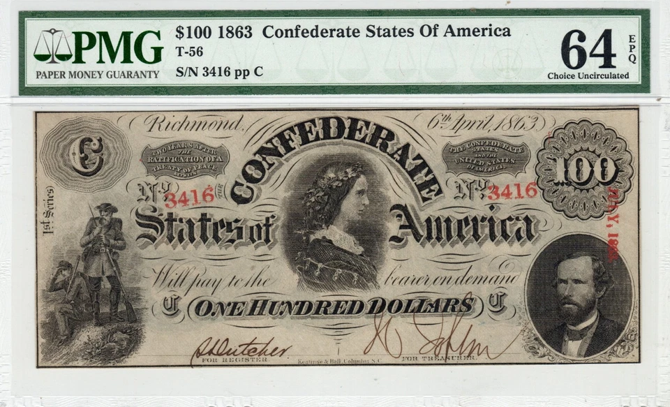 T-56 PF-2 1862 $100 Confederate Paper Money - PMG Choice Uncirculated 64 EPQ! - Image 1 of 2