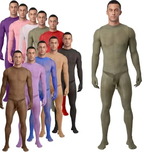 Men Unitard Glossy Bodysuit Sissy Jumpsuit Opening Sheath Bodystocking Opaque - Picture 1 of 128