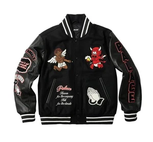 Men's x Fallen Angels Patch Letterman Style Unisex All-Black Wool Varsity Jacket - Picture 1 of 6