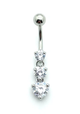 Navel Bar HEART Belly Button Ring Triple Dangle CZ Crystal 316L SS -UK SELLER - Image 1 of 4