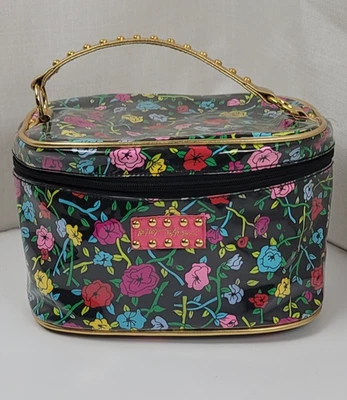 Bolso de Maquillaje Floral Betsey Johnson Negro Estuche de Cosméticos Mango Dorado Organizador de Viaje Foto 1 de 4