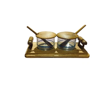 Vtg Teak Wood Condiment Serving Set MCM Bowls Lids Spoons Tray Goodwood Style - Picture 1 of 10