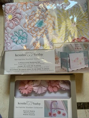 Koala Baby 4 Piece Crib Bedding Set White & Pink N Musical Mobile New Free Ship - Image 1 of 4