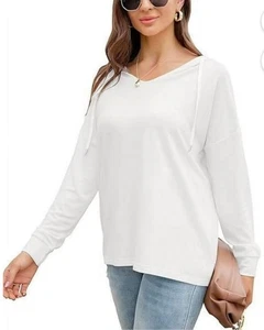 PCEAIIH großer weißer Hoodie für Damen V-Ausschnitt Langarm leichter Pullover  - Bild 1 von 5