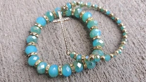 2 pc Blue Rhinestone Cross Stretch Beaded Bracelet Set - Picture 1 of 4