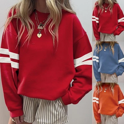 Ladies Striped Pullover Sweatshirt Hoodie Long Sleeve Baggy Loose Tops Size 8-20 - Image 1 of 4