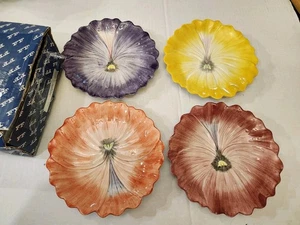 Vintage Fitz & Floyd 4 Piece Flowers Pansy Plates 7" Salad Dessert Ceramic W/ Bo - Picture 1 of 4
