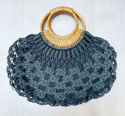Crocheted Black Bag Purse Round Wicker Handles Resort Beach Boho 16"x9" Lined - Image 1 of 4