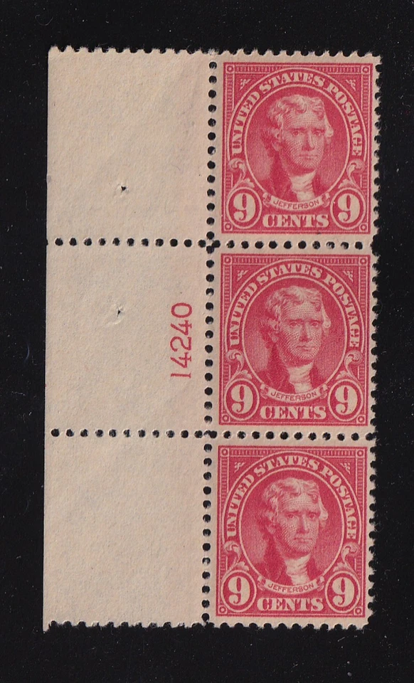 1923 Jefferson 9c rose Sc 561 MNH full original gum, plate strip of 3 14240L - Image 1 of 1