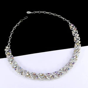 VINTAGE 50'S LISNER AURORA BOREALIS RHINESTONE LEAF SILVER-TONE COLLAR NECKLACE - Picture 1 of 8