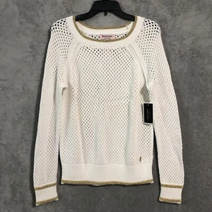 Juicy Couture Top White Mesh Pullover Womens Medium Open Knit Long Sleeve $98 - Picture 1 of 11