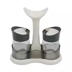 Salt and Pepper Pots with Holder for Kitchen Camping Dining Table - Picture 1 of 6
