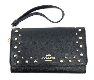Coach Women's Flap Phone Crossgrain Leather Wallet w/ Studs - Black - Picture 1 of 6