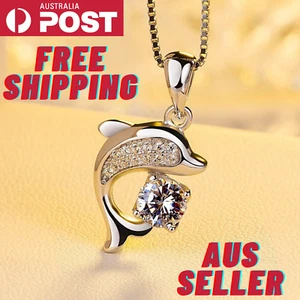 Real 925 Sterling Silver Jewelry Crystal Dolphin Chain Pendants & Necklaces - Picture 1 of 9