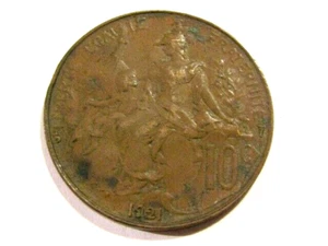 France 1921 10 Centimes Bronze Coin - Picture 1 of 5