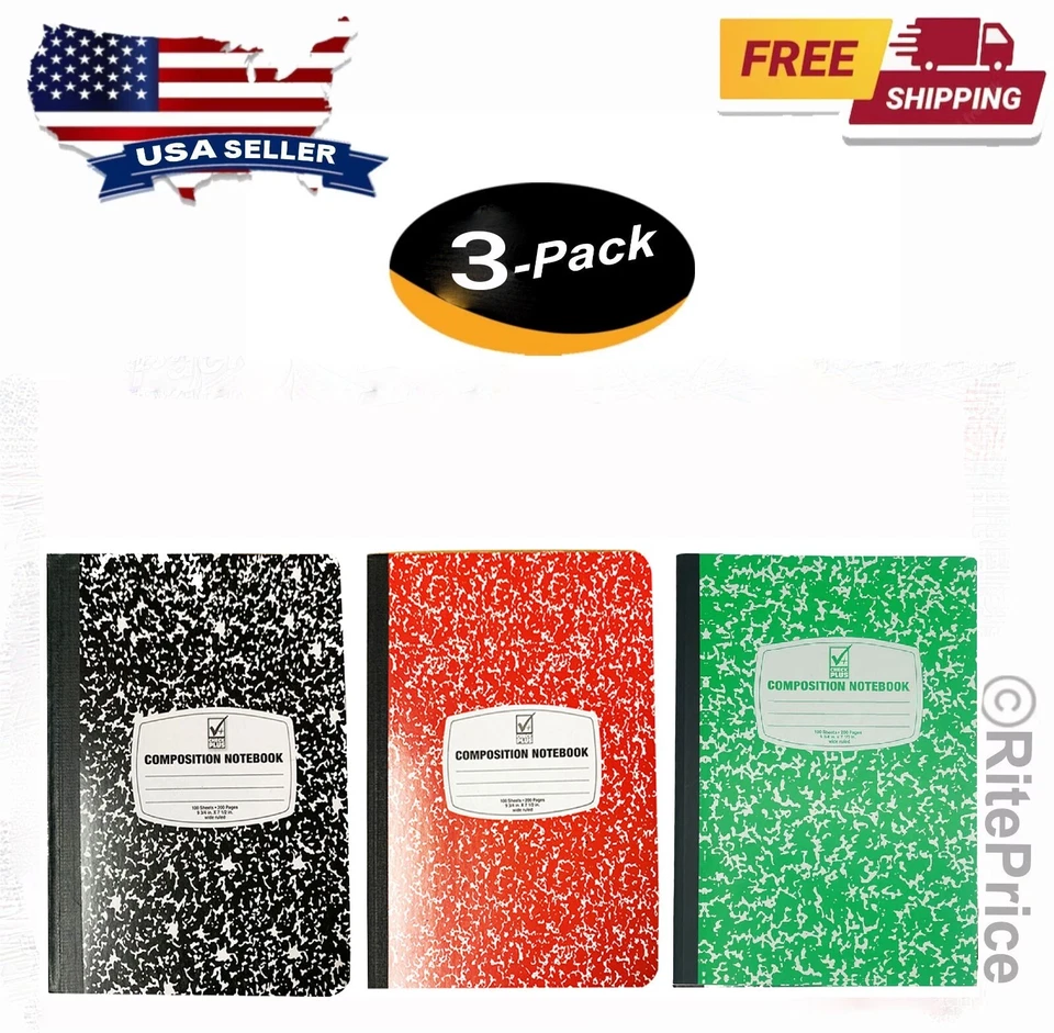 (3 Pack) Composition/Notebook Book, Wide Ruled Paper,100 Sheets, 9-3/4"x7-1/2" - Image 1 of 4
