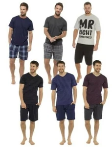 Hombre Pijama Corto Jersey Algodón Manga Pantalones Set - Imagen 1 de 16