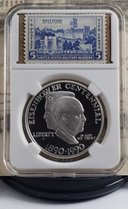 1990-P Eisenhower Commemorative Silver Proof Dollar with Stamps - Nice! W9 - Picture 1 of 10