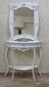 ENTRATINA CONSOLLE E SPECCHIO LEGNO BIANCO E FOGLIA ARGENTO FIORI E CRISTRALLI - Picture 1 of 1
