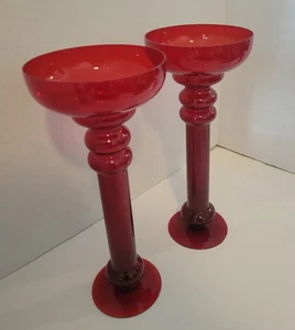VTG Pair of Ruby Red Glass Handblow Pillar Candlestick Holders 11” Tall - Picture 1 of 10