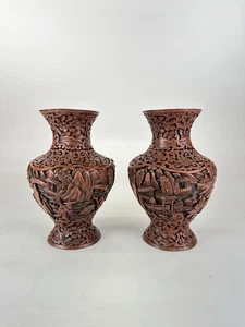 Antique Chinese Matched Pair Carved Lacquer Cinnabar Vases Qing Dynasty 19th C - Picture 1 of 12