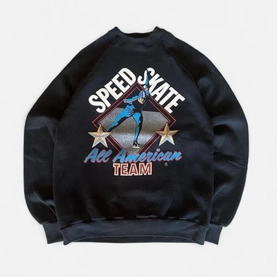 Sudadera Vintage Años 80 Patinaje de Velocidad Todo American Cuello Redondo Talla XL Negra EE. UU. Foto 1 de 4
