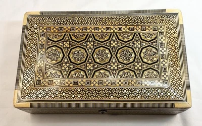 Wooden Inlaid Box with Hinged Lid Trinket Jewelry Box With Key - Image 1 of 4