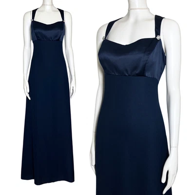 Vintage 90s Navy Long Formal Prom Dress Empire Waist Classic Black Tie Medium 8 - Image 1 of 4