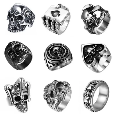 Para hombres Punk Gótico Motociclista Esqueleto Calavera Juego de Cartas Anillo Banda de Acero Inoxidable EE. UU. Foto 1 de 4