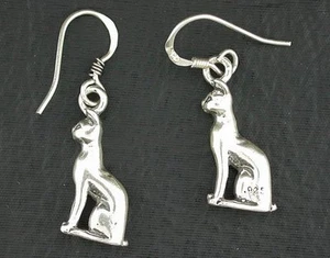 Pair Pussy Cat Casted Dangle Earwire Earrings .925 Pure Sterling Silver EBS3528 - Picture 1 of 1