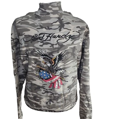Sudadera De Colección Y2K Ed Hardy Para Mujer Talla L Verde Camuflaje Camuflaje Bandera Águila Foto 1 de 4