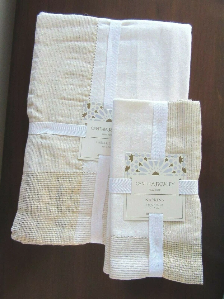 BEIGE METALLIC GOLD COTTON 60" x 90" TABLECLOTH and NAPKINS Cynthia Rowley NEW  - Image 1 of 4