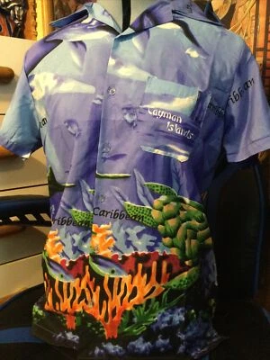 Vintage Cayman Islands Hawaiian shirt S turtle whale Caribbean coral 90s - Image 1 of 4
