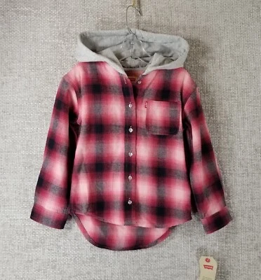 Levi’s Girls Flannel Shirt Hooded Button Up Pink Plaid Size 5 Small NEW - Image 1 of 4