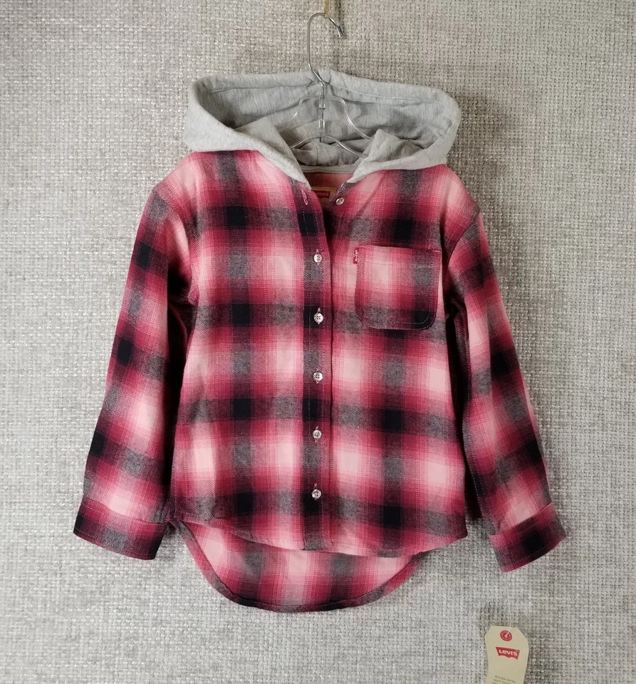 Levi’s Girls Flannel Shirt Hooded Button Up Pink Plaid Size 5 Small NEW - Image 1 of 4